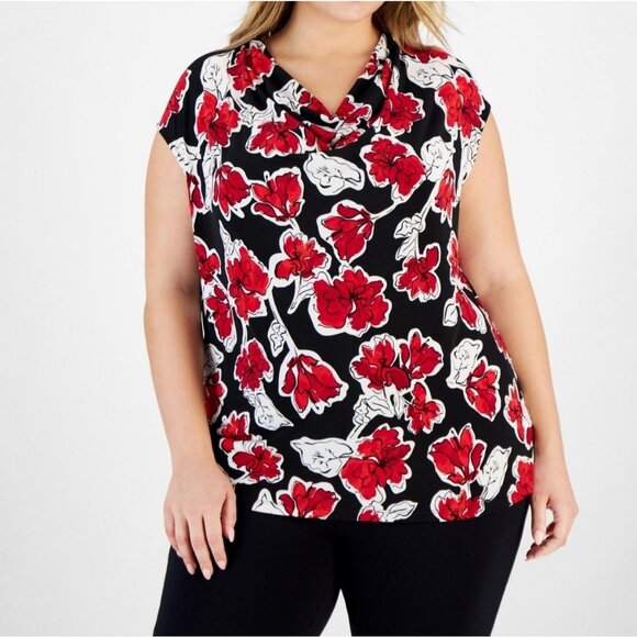 Kasper Womens Plus Size Floral Print Cap Sleeve Cowlneck Top Multicolor Size 1X - Picture 1 of 2